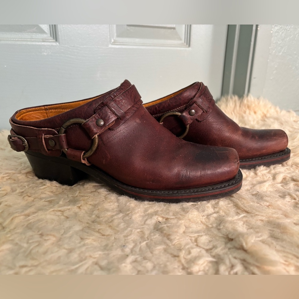 FRYE Boots Moto Harness Mules Slides Clogs size 8.5 brown